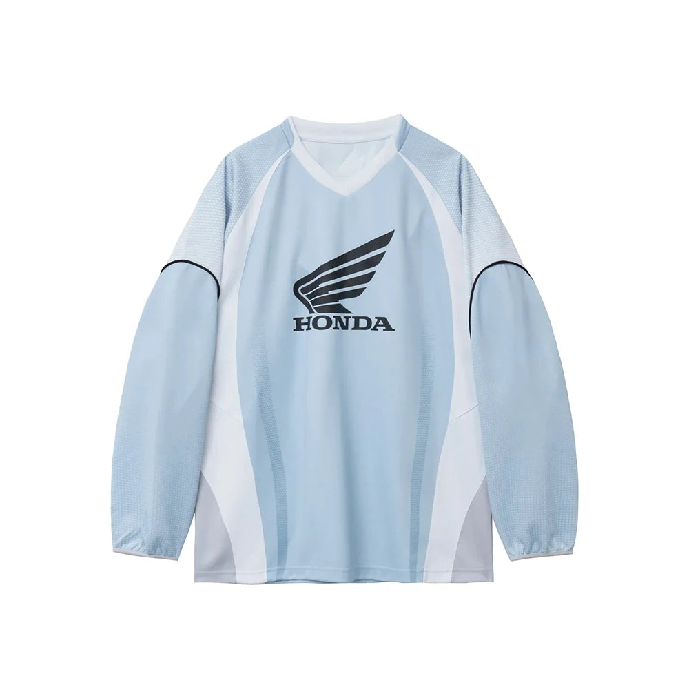 Summer New Family Matching  Blue V-Neck Long Sleeved Cycling Suit Motocross Oversized Breathable Casual Sports Top Menwomen